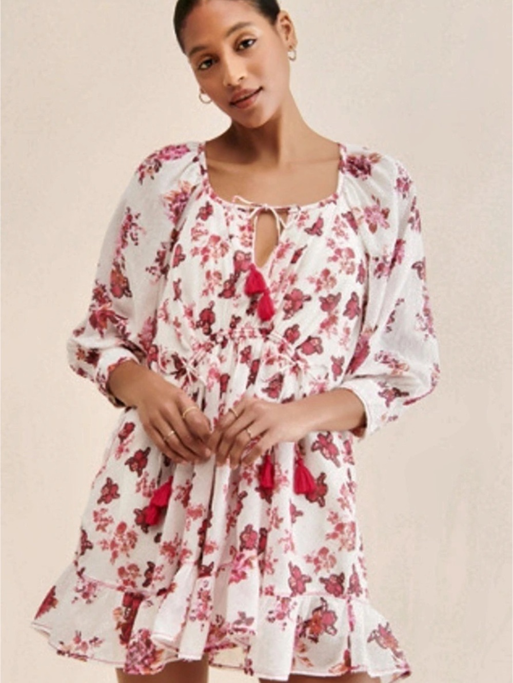 Free People Camella Pink Floral Boho Tassel Ruffle Peasant Mini Dress Cream Siz